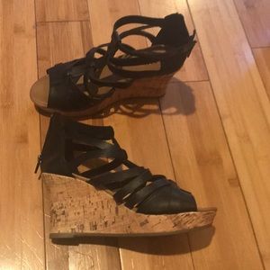 Black strappy wedge heels